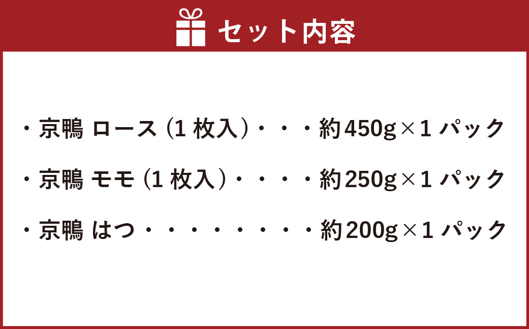 『京鴨』鴨肉 ふるさと 特選 セット（3パック（合計約900g））／ 3種 詰め合わせ むね ロース モモ はつ 鴨 カモ 【配達不可：離島】