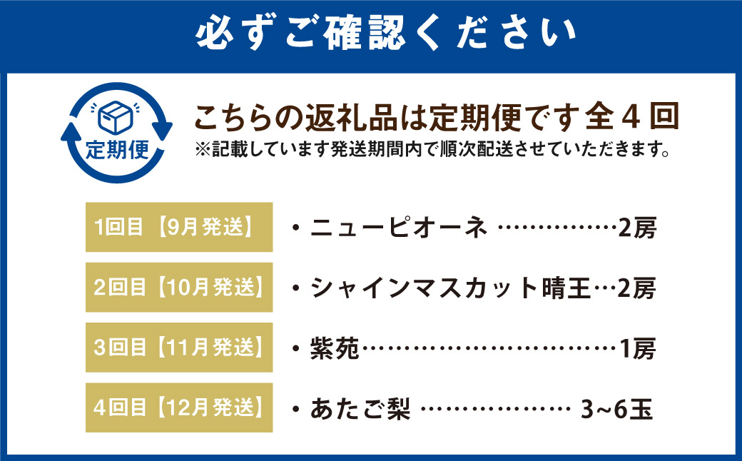 【 全4回定期便 】 晴れの国 岡山のフルーツ 定期便 （ ニューピオーネ / シャインマスカット 晴王 / 紫苑 / あたご梨 ） フルーツ 果物 くだもの ぶどう ブドウ マスカット 梨 なし ナシ 旬 ギフト 贈答 プレゼント 国産 【 2026年9月上旬より発送開始 】
