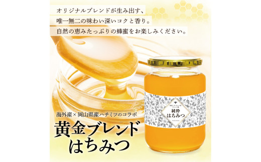 【 海外産×岡山県産ハチミツのコラボ 】 黄金ブレンドはちみつ （瓶づめ） 約1kg×2本 （合計約2kg） 《 先行予約 2026年7月上旬～2026年10月下旬まで発送 》 ／ ブレンドはちみつ 蜂蜜 はちみつ ハチミツ 海外産 国産 岡山県 美咲町 常温